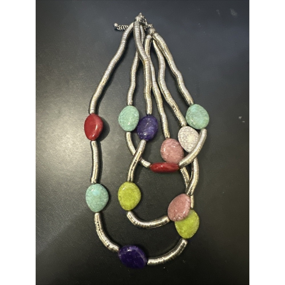 Silver Tone Tubular Metal & Large Colorful Stone Like Beads Necklace